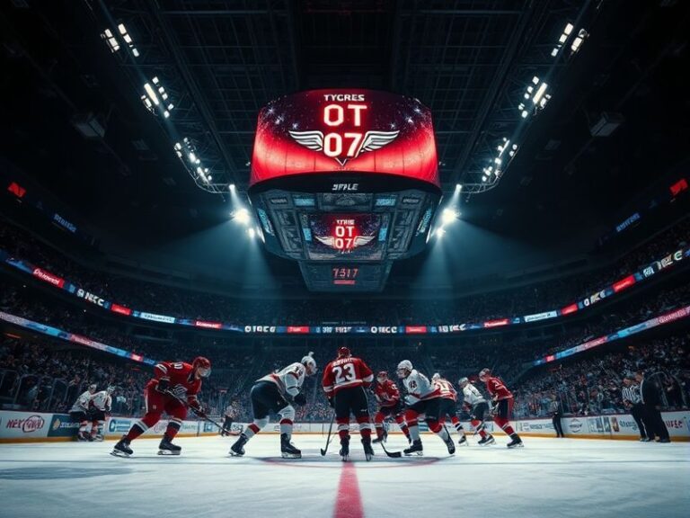 A tense NHL playoff overtime scene with players exhausted on the ice, the scoreboard showing sudden death, and a goalie spraw