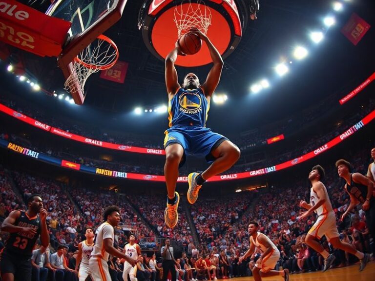 A dynamic action shot of Andre Iguodala in a Warriors jersey, mid-game with a focused expression, surrounded by teammates in