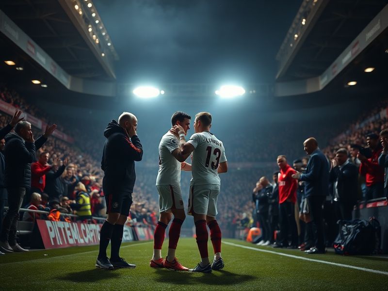 A dramatic image of a Premier League stadium with players in red and white shirts celebrating a goal, set against a backdrop
