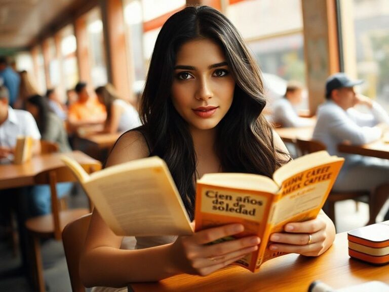 A vibrant studio portrait of Carolina Flores Gomez surrounded by her mixed-media artworks, including a large mural in progres