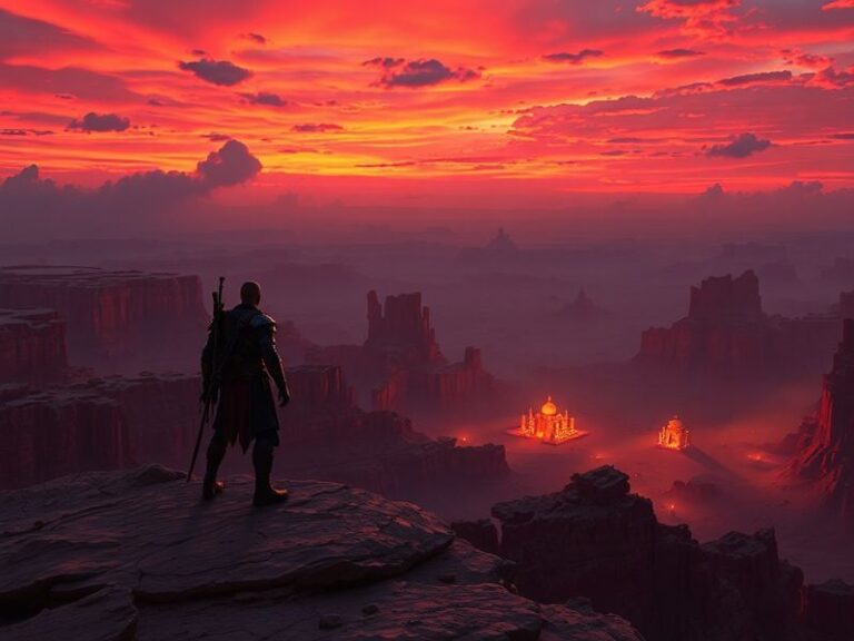 A dynamic scene from Crimson Desert showing a player in full armor facing a massive raid boss in a dimly lit arena, with glow