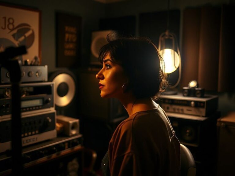 A vibrant concert photo of Jessie Ware performing on stage, bathed in colorful stage lights, wearing a retro-inspired outfit