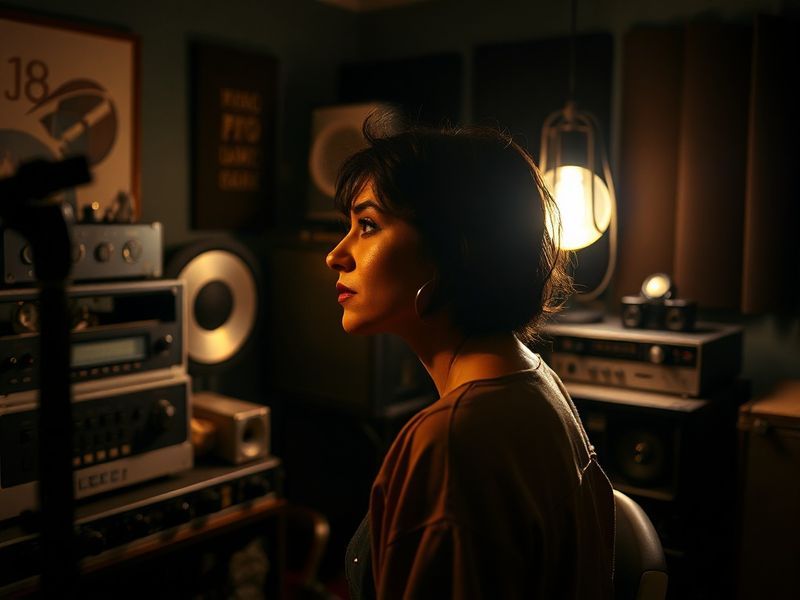 A vibrant concert photo of Jessie Ware performing on stage, bathed in colorful stage lights, wearing a retro-inspired outfit