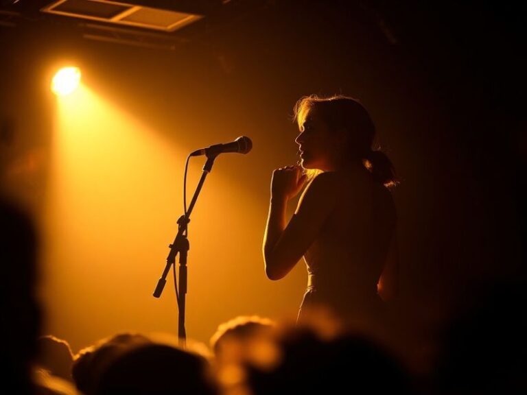 A vibrant live performance of Jessie Ware on stage, bathed in colorful disco lights, wearing a sequined outfit with her arms