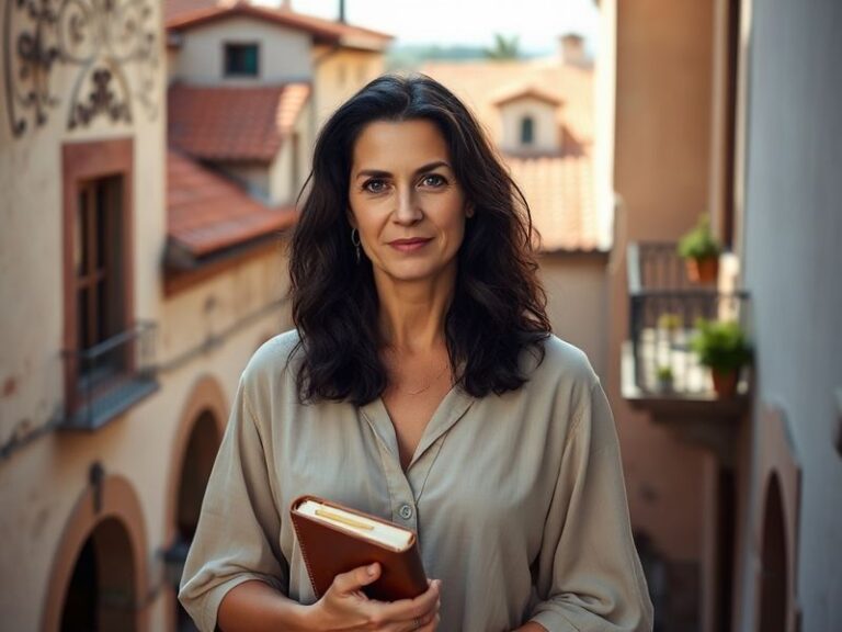 A vibrant studio portrait of Carolina Flores Gomez surrounded by her mixed-media artworks, with warm golden lighting and a ba