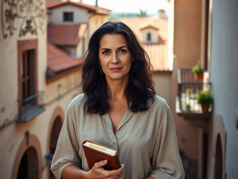 A vibrant studio portrait of Carolina Flores Gomez surrounded by her mixed-media artworks, with warm golden lighting and a ba