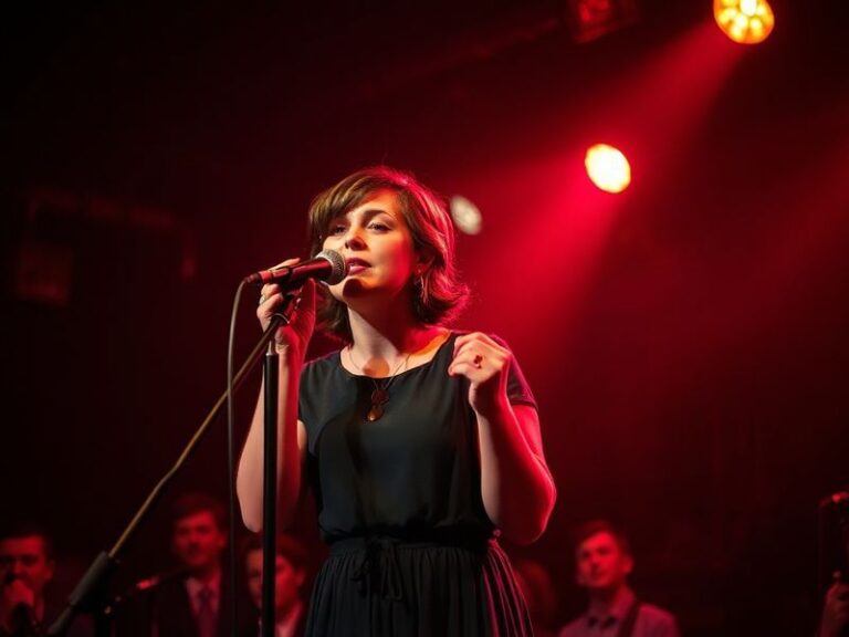 A vibrant photo of Jessie Ware performing on stage, bathed in neon lights, wearing a sequined outfit and holding a microphone