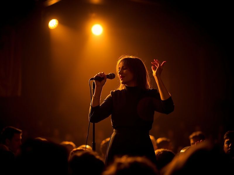 A moody, cinematic shot of Jessie Ware performing on stage at a Warehouse event, bathed in warm, golden disco lights. She wea