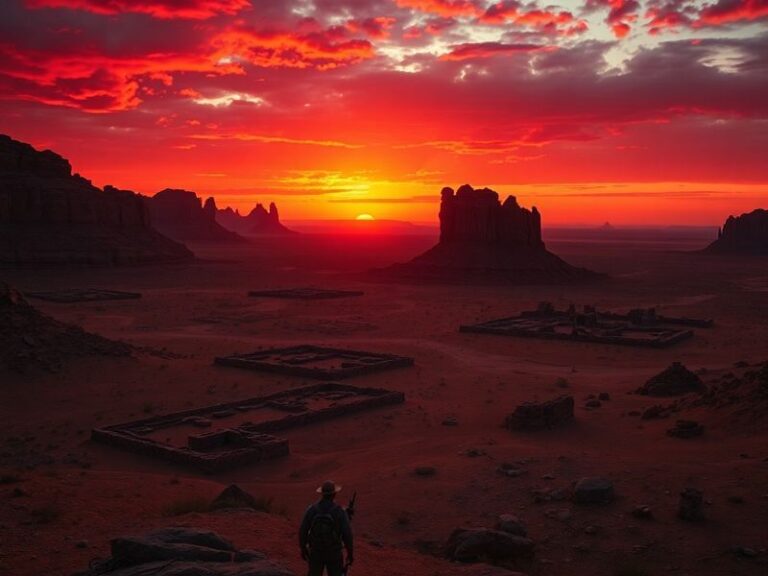 A cinematic shot of the Crimson Desert game world at sunset, with a player character mid-combat against a massive sandstorm b