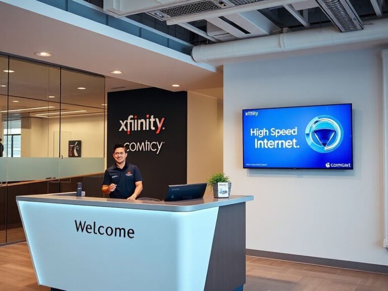A modern living room setup with an Xfinity router, smart TV displaying streaming content, and a smartphone showing the Xfinit