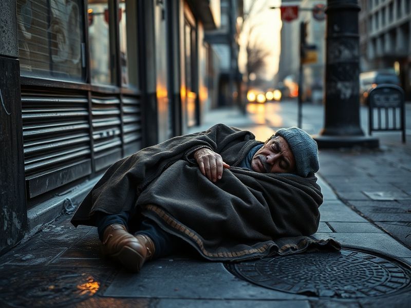 A diverse group of people in a bustling urban setting, including individuals carrying belongings, with some sitting on benche