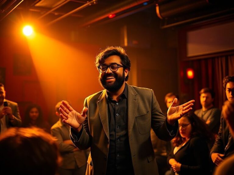A vibrant live performance shot of Nish Kumar on stage, wearing a stylish yet casual outfit, with colorful stage lighting and