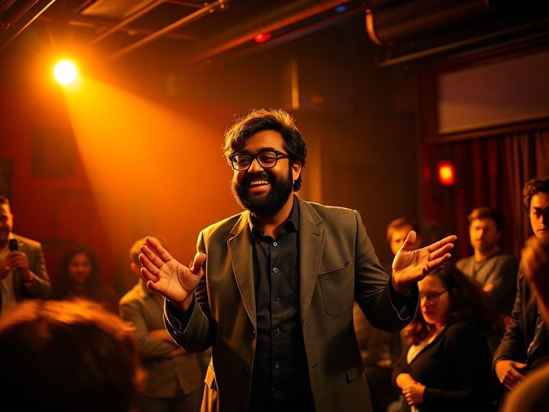 A vibrant live performance shot of Nish Kumar on stage, wearing a stylish yet casual outfit, with colorful stage lighting and