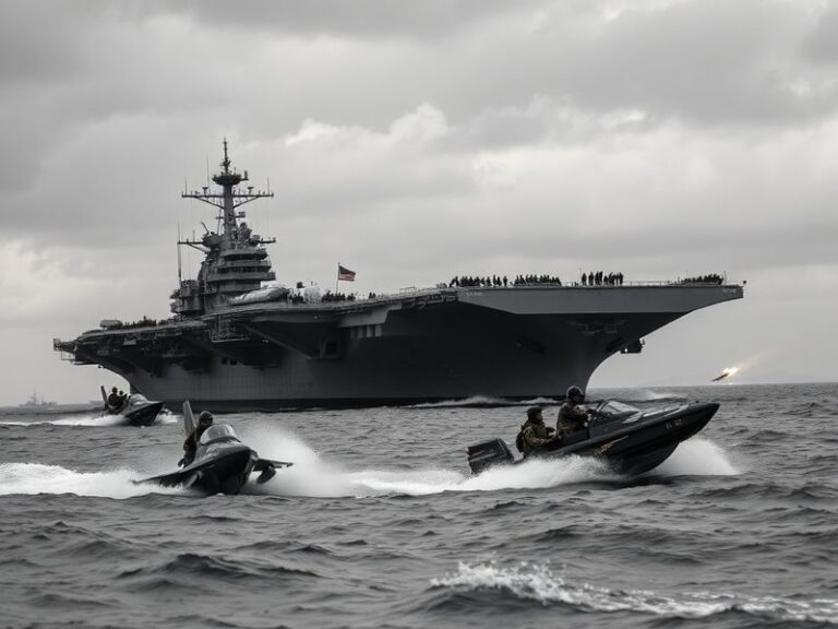 A split-screen image showing a US aircraft carrier in the Persian Gulf on one side, and an Iranian missile launch on the othe