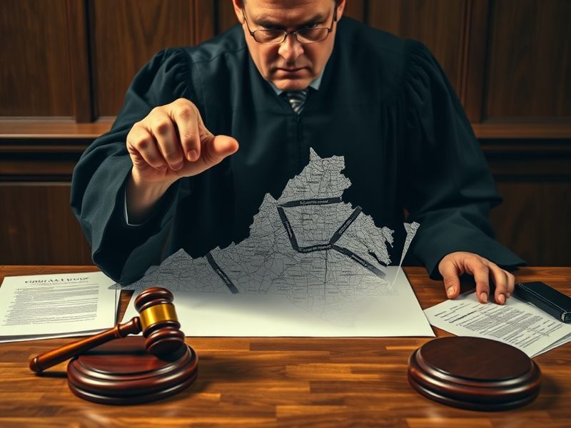 A courtroom sketch-style illustration showing a federal judge's gavel striking down a set of Virginia state electoral maps, w