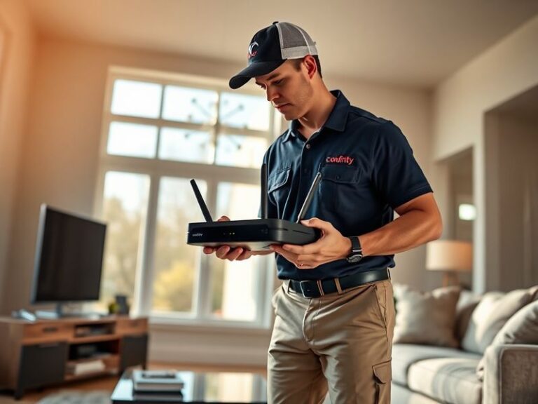 A modern suburban home with visible Xfinity branding on a router and a laptop displaying the Xfinity login screen. The scene