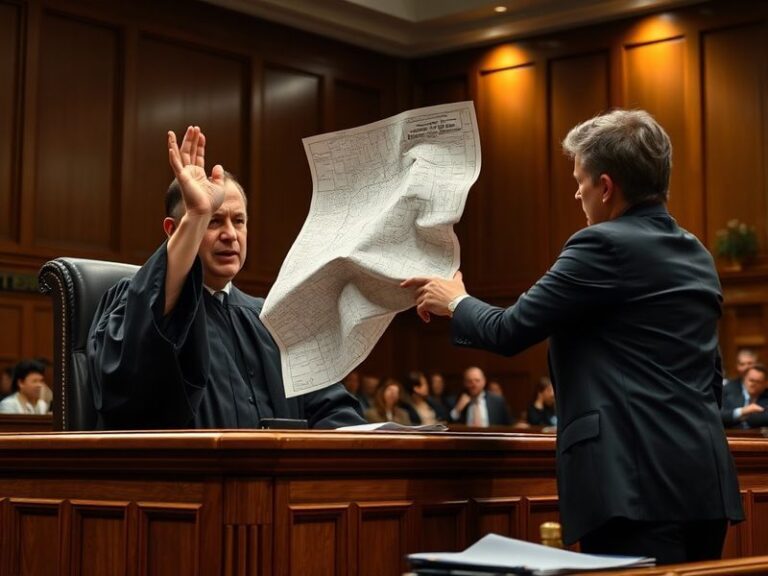 A courtroom sketch-style illustration of a federal judge in Virginia striking down a redistricting map, with a gavel, legal d