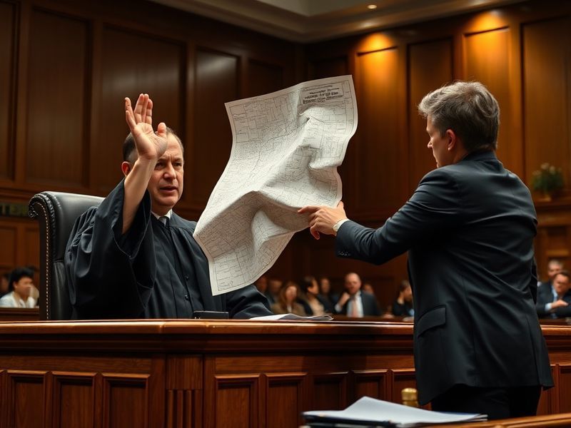 A courtroom sketch-style illustration of a federal judge in Virginia striking down a redistricting map, with a gavel, legal d