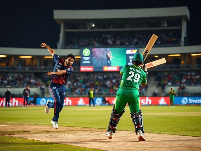 A vibrant cricket stadium packed with fans, bathed in bright lights, with players from Islamabad United and Pindi Zalmi shaki