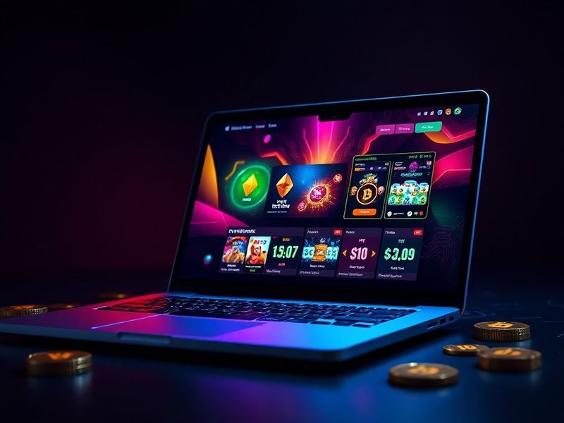 A modern laptop displaying a crypto casino website with Bitcoin, Ethereum, and Litecoin logos on the screen, surrounded by ga