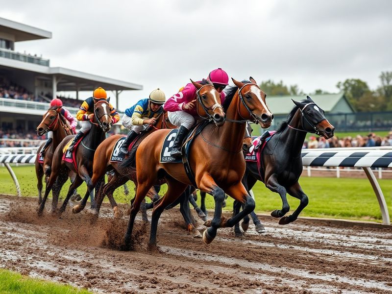 A vibrant scene at Pimlico Race Course during the Preakness Stakes, featuring a pack of thoroughbred horses rounding the fina