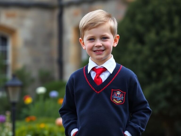 A candid photo of Prince Louis, age 8, in a school uniform, smiling during a casual outdoor moment with his family. The setti