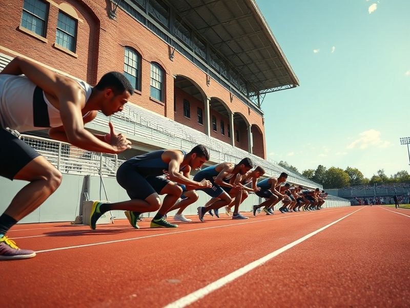 A vibrant shot of Franklin Field during the Penn Relays, featuring baton exchanges in the 4x400-meter relay, a packed grandst