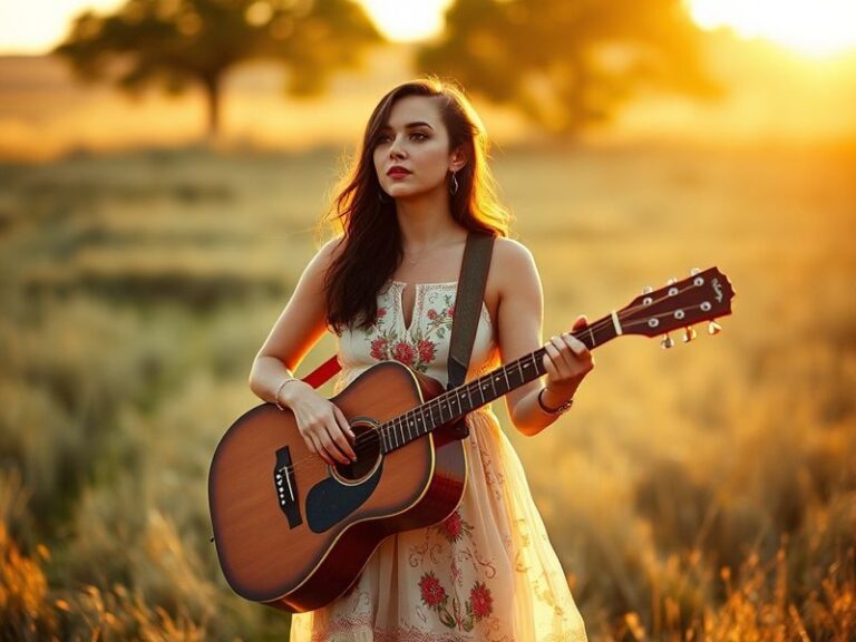 A vibrant concert shot of Kacey Musgraves performing on stage with colorful lighting, wearing a flowing white dress, surround