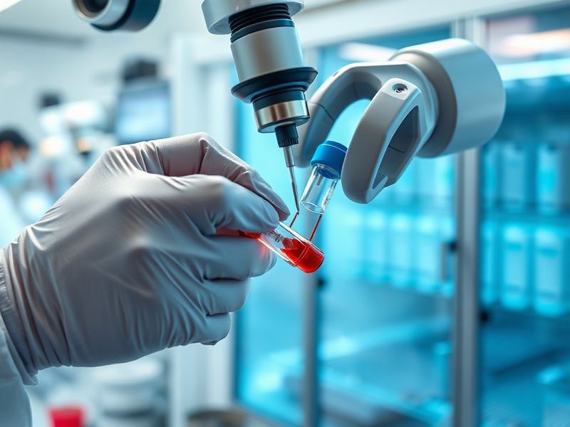 A high-tech biobank storage facility with rows of liquid nitrogen tanks and robotic arms handling sample tubes, bathed in ste