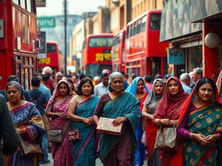 A vibrant street scene in London with British Indian cultural elements: a red double-decker bus, a traditional Indian restaur