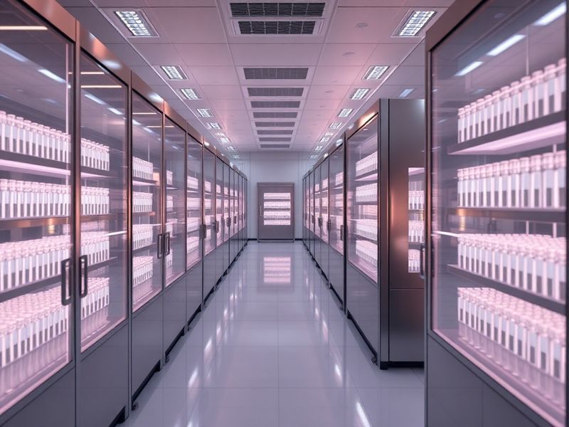 A high-tech laboratory setting with rows of high-capacity freezers storing labeled biological samples in cryogenic tubes, und