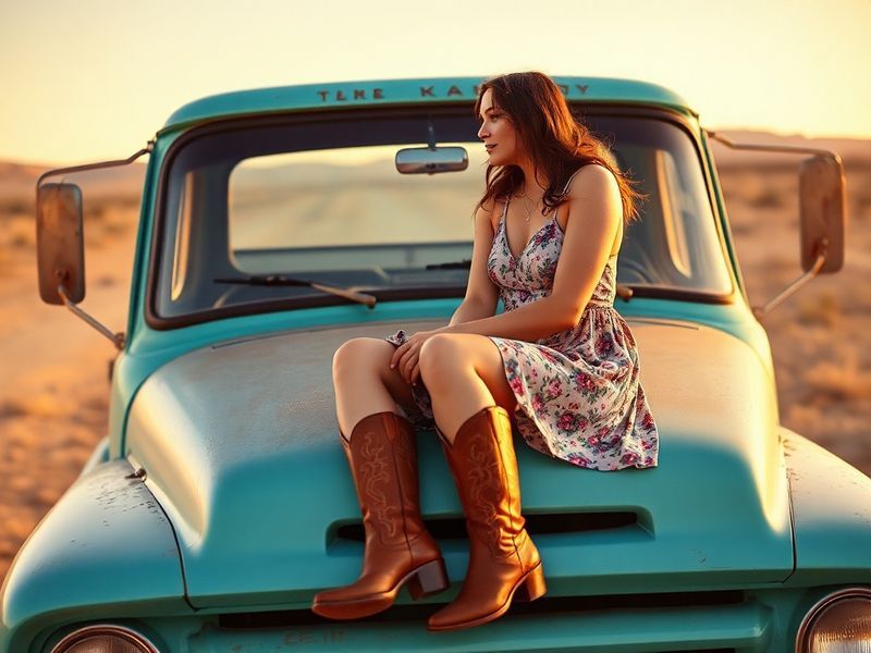 A warm-toned portrait of Kacey Musgraves performing on stage, wearing a glittering outfit, with a vintage guitar in hand. The