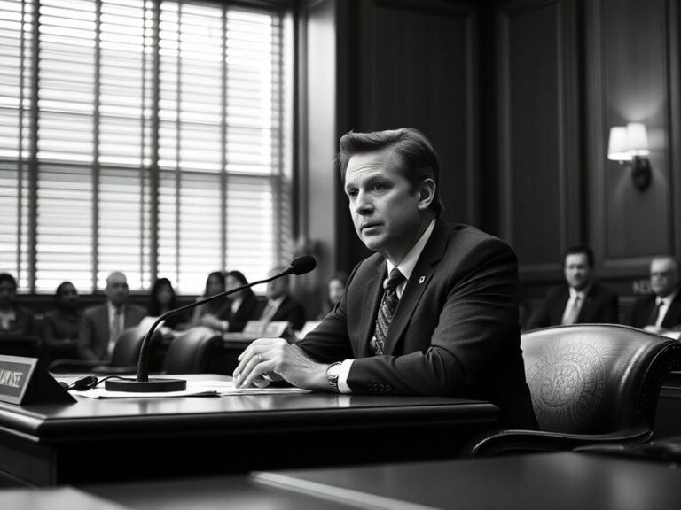 A formal portrait of Josh Hawley in a suit, standing in front of an American flag, with a serious expression. The setting is