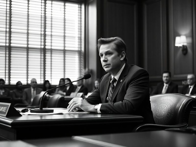 A formal portrait of Josh Hawley in a suit, standing in front of an American flag, with a serious expression. The setting is