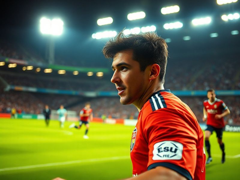 A dynamic action shot of Carlos Baleba in a Lille OSC kit, mid-dribble on a Ligue 1 pitch, with blurred opposition players in