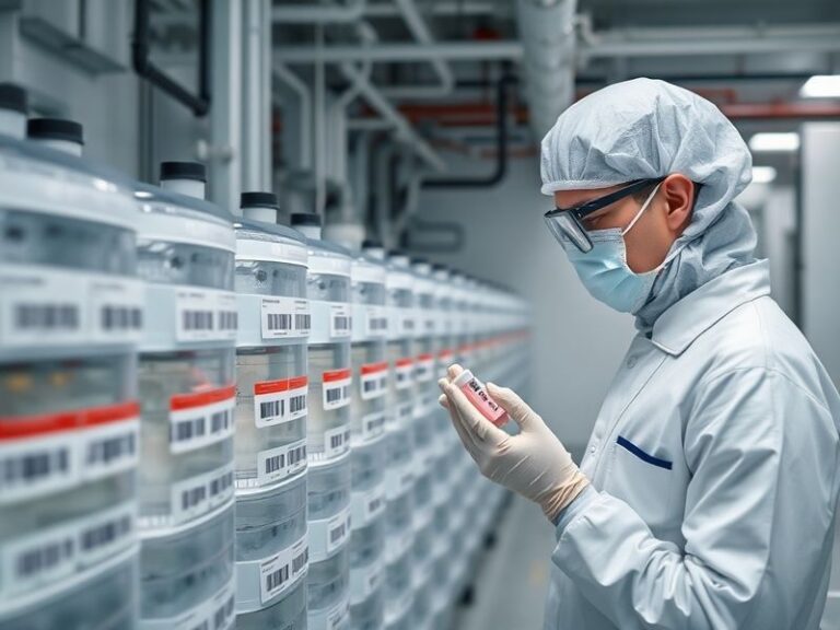 A high-tech laboratory setting with rows of automated sample storage units glowing in blue and white, scientists in white coa