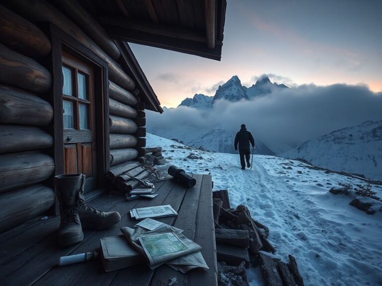 A wide shot of a snowy mountain town at dusk, with a couple sitting on a porch overlooking the valley, their body language su