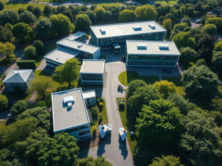 A modern research facility with scientists analyzing data on large computer screens. The scene shows diverse participants in