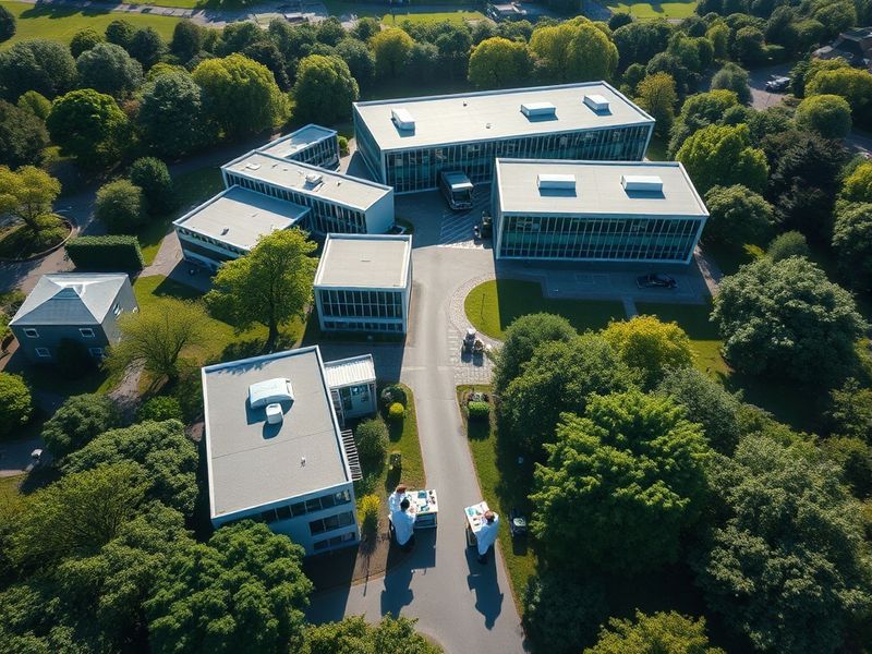 A modern research facility with scientists analyzing data on large computer screens. The scene shows diverse participants in