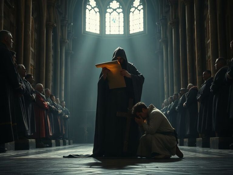 A sepia-toned illustration of a medieval bishop raising a cross in judgment, with shadowed figures kneeling in submission bel