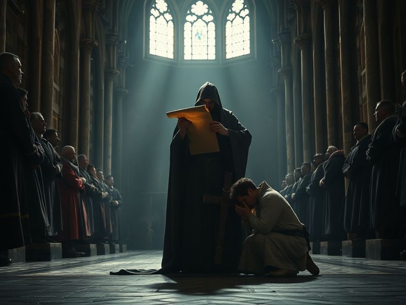 A sepia-toned illustration of a medieval bishop raising a cross in judgment, with shadowed figures kneeling in submission bel