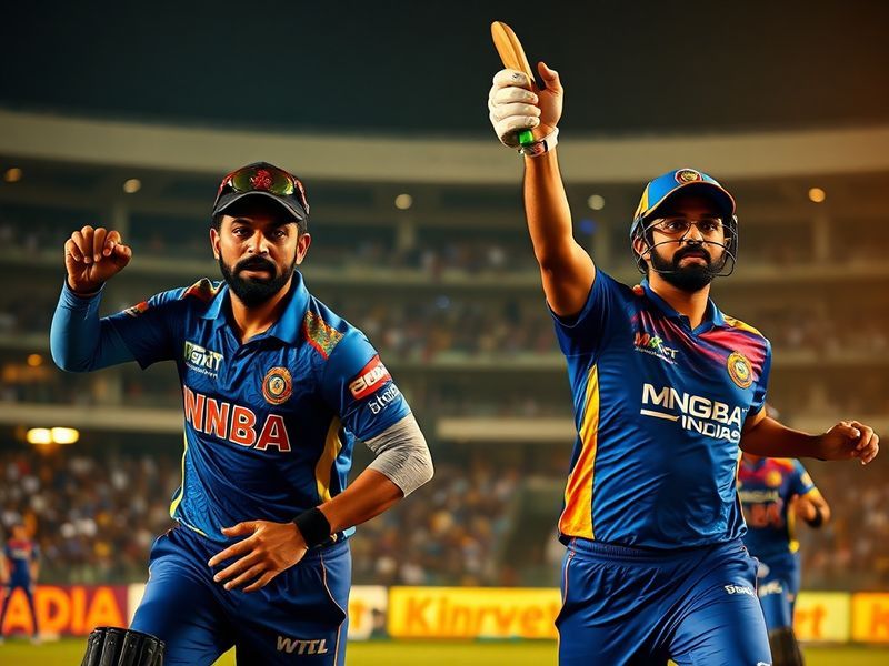 A split-image showing Mumbai Indians players celebrating a wicket on one side and Chennai Super Kings fans cheering in the st