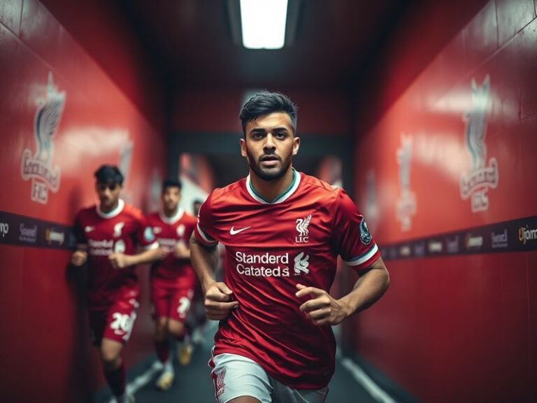 A split-image visual showing Ibrahima Diomandé in a FC Lorient jersey on one side and Liverpool FC's Anfield stadium on the o
