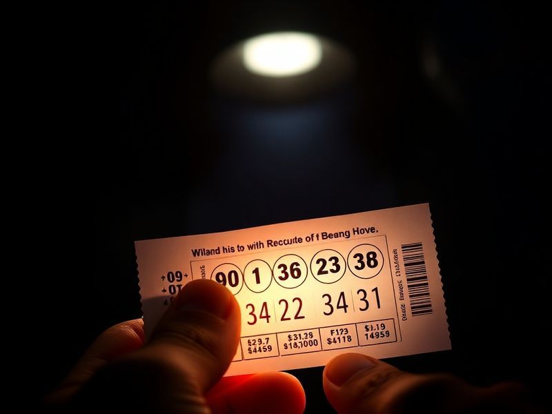 A close-up of a Powerball lottery ticket with a magnifying glass highlighting the winning numbers against a backdrop of lotte