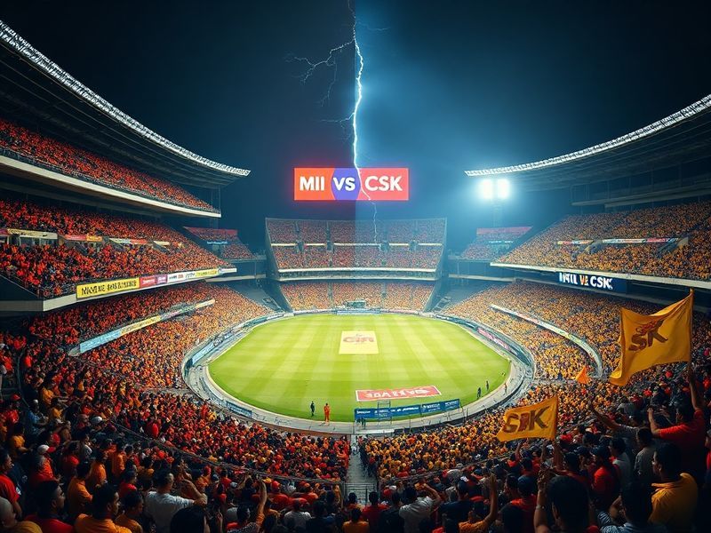 A split-screen image showing MS Dhoni and Rohit Sharma in action, one in yellow (CSK) and the other in blue (MI), with a pack