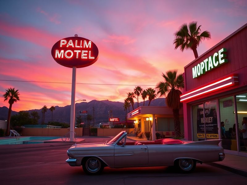 A vibrant daytime shot of Palm Springs’ iconic midcentury modern homes with mountain backdrop, showcasing clean lines, flat r