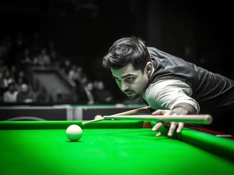 A focused portrait of Hossein Vafaei mid-shot at a professional snooker table, wearing a dark sports jacket, with the Crucibl