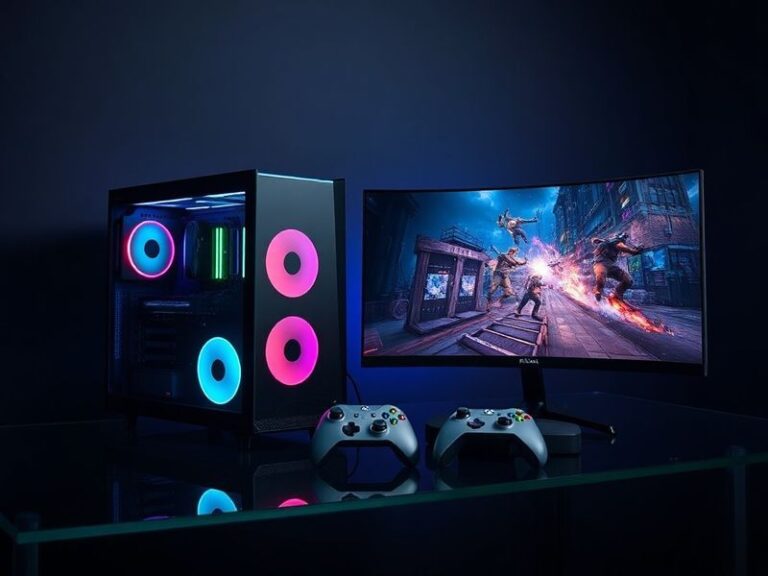 A futuristic gaming setup featuring an Xbox Series X, a gaming monitor displaying Game Pass, and a smartphone streaming a clo