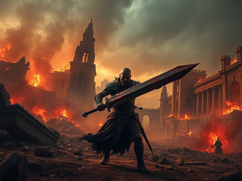 A cinematic in-game screenshot of Crimson Desert's open world, featuring a player character mid-combat with a sword, surround