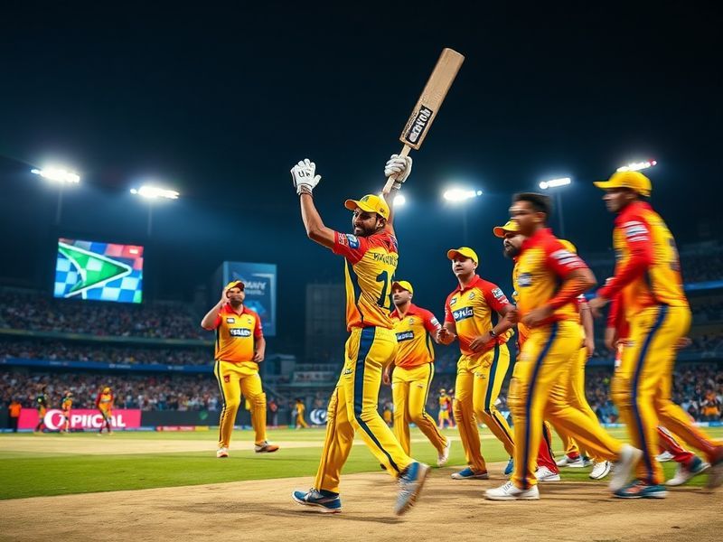 A packed stadium under floodlights with CSK in yellow and MI in blue, players in mid-celebration after a wicket, fans waving
